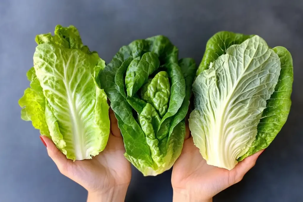 Close-up view of hands holding different lettuce types.