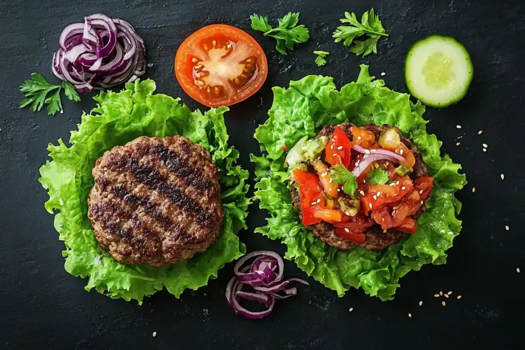 Three variations of a lettuce wrap burger, highlighting different toppings.