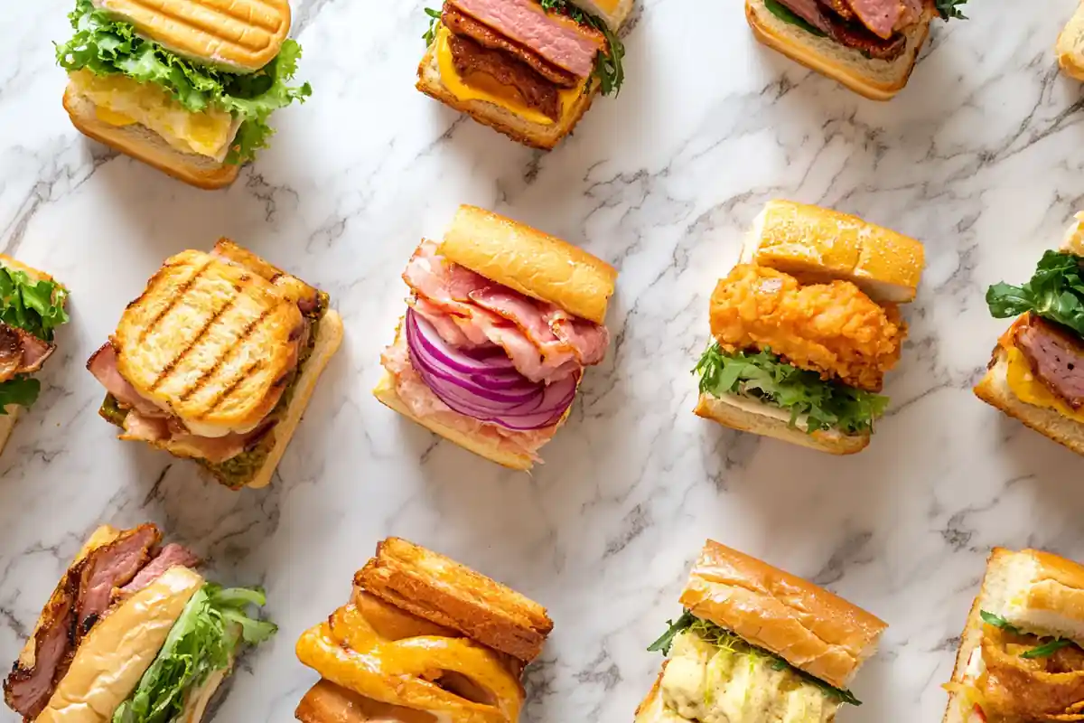 A variety of discontinued Panera sandwiches on a marble surface.