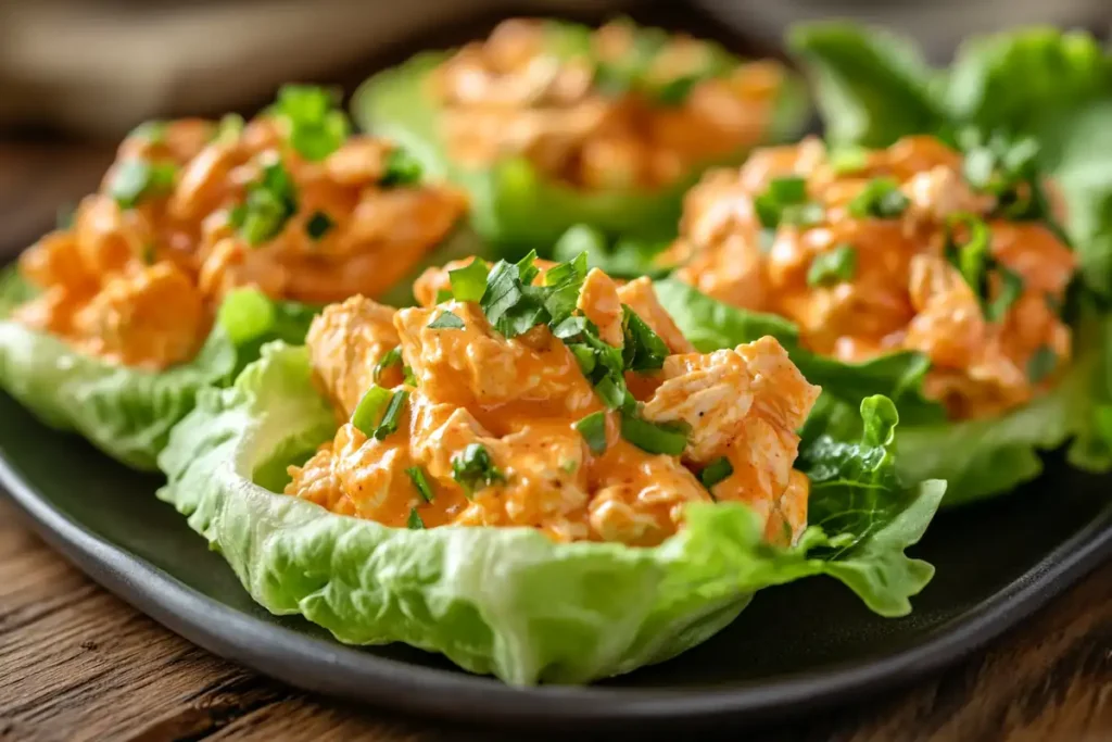 Buffalo chicken salad served in lettuce cups on a rustic wooden table.