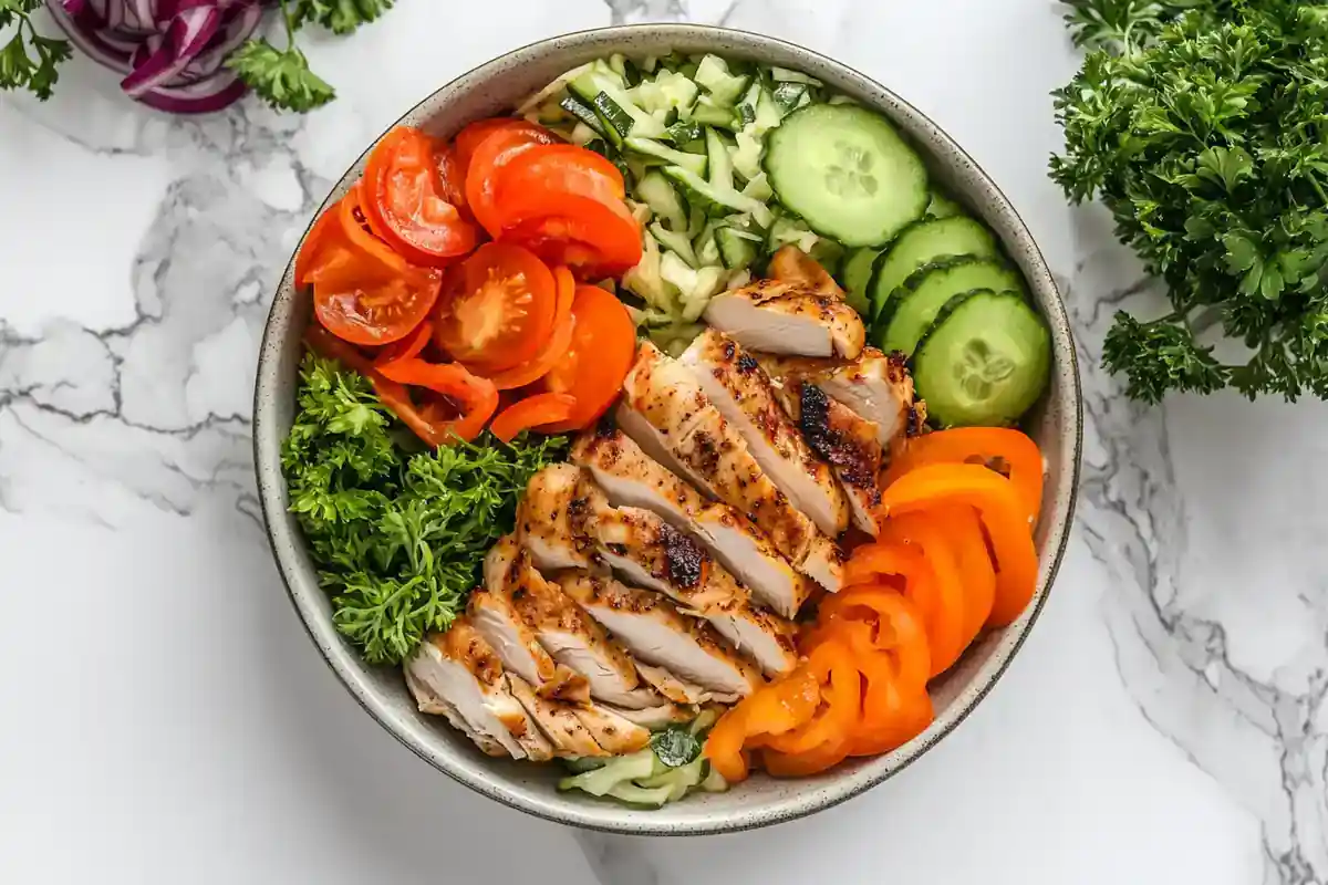 A refreshing display showing what are the main ingredients in chicken salad on a marble surface.