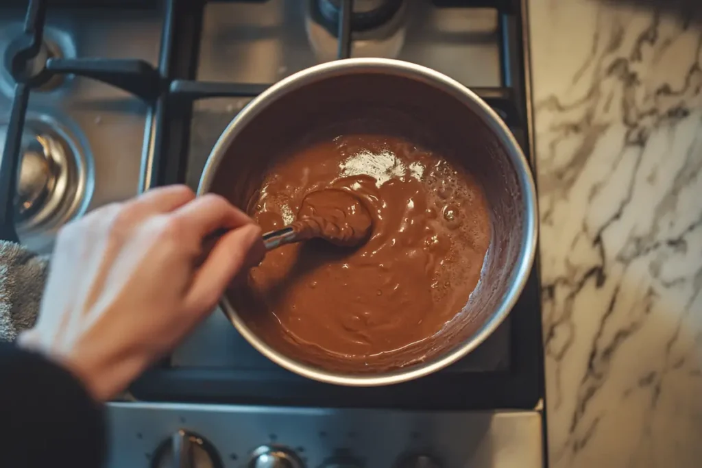 Hand stirring bone broth hot chocolate in a pan, showing the preparation process.