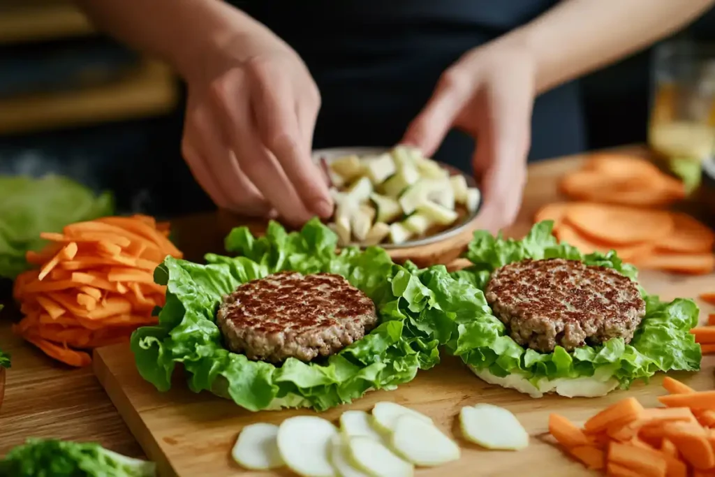 Image of someone making a lettuce wrap burger at home.