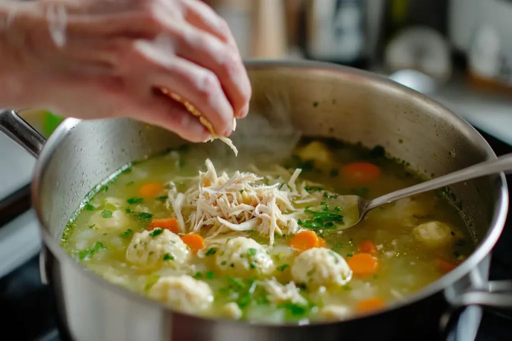 Adding fresh vegetables to matzo ball soup for a healthier meal.