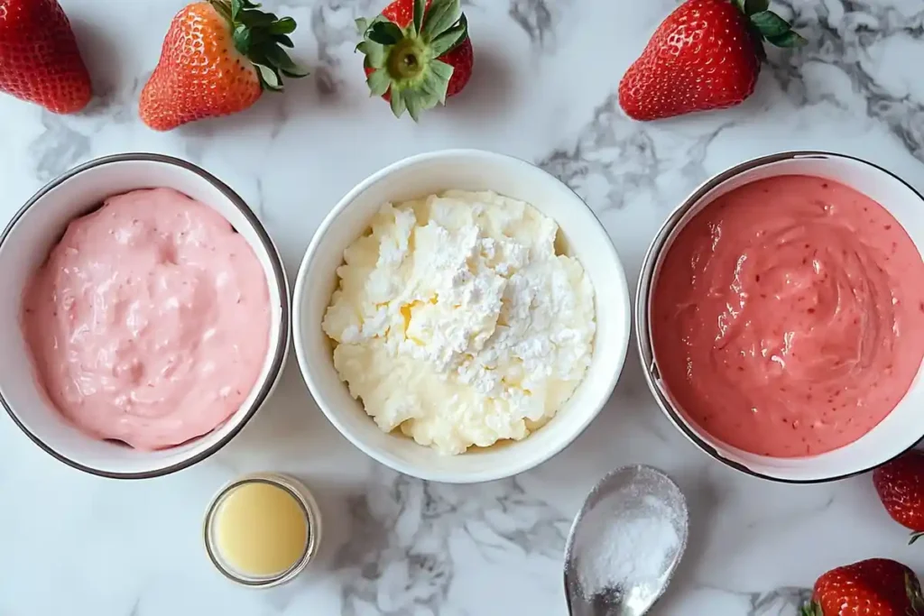 Step-by-step images showing how to make strawberry pudding.