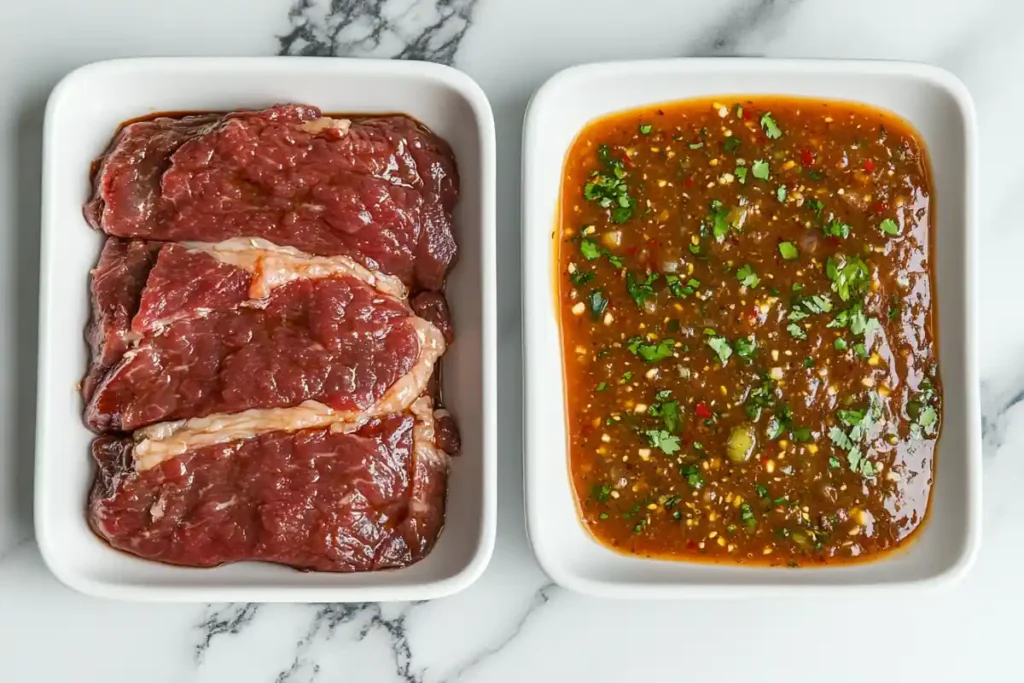 A close-up view of both Chipotle steak and carne asada marinades on a marble surface.