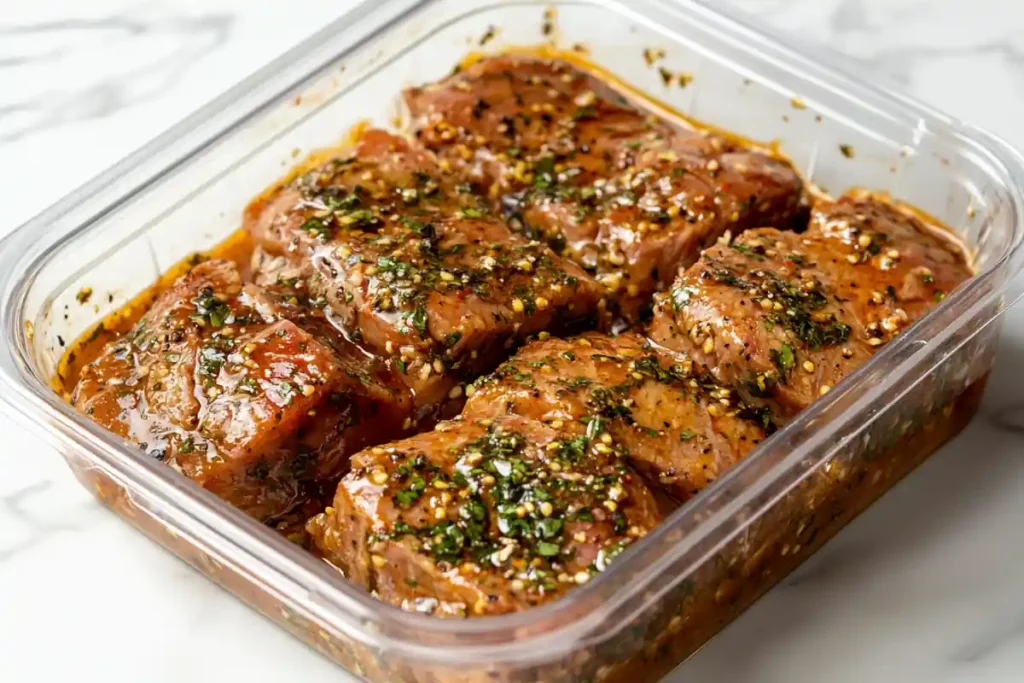 A close-up view of meat marinating in a Chipotle-style marinade, set on a marble surface.