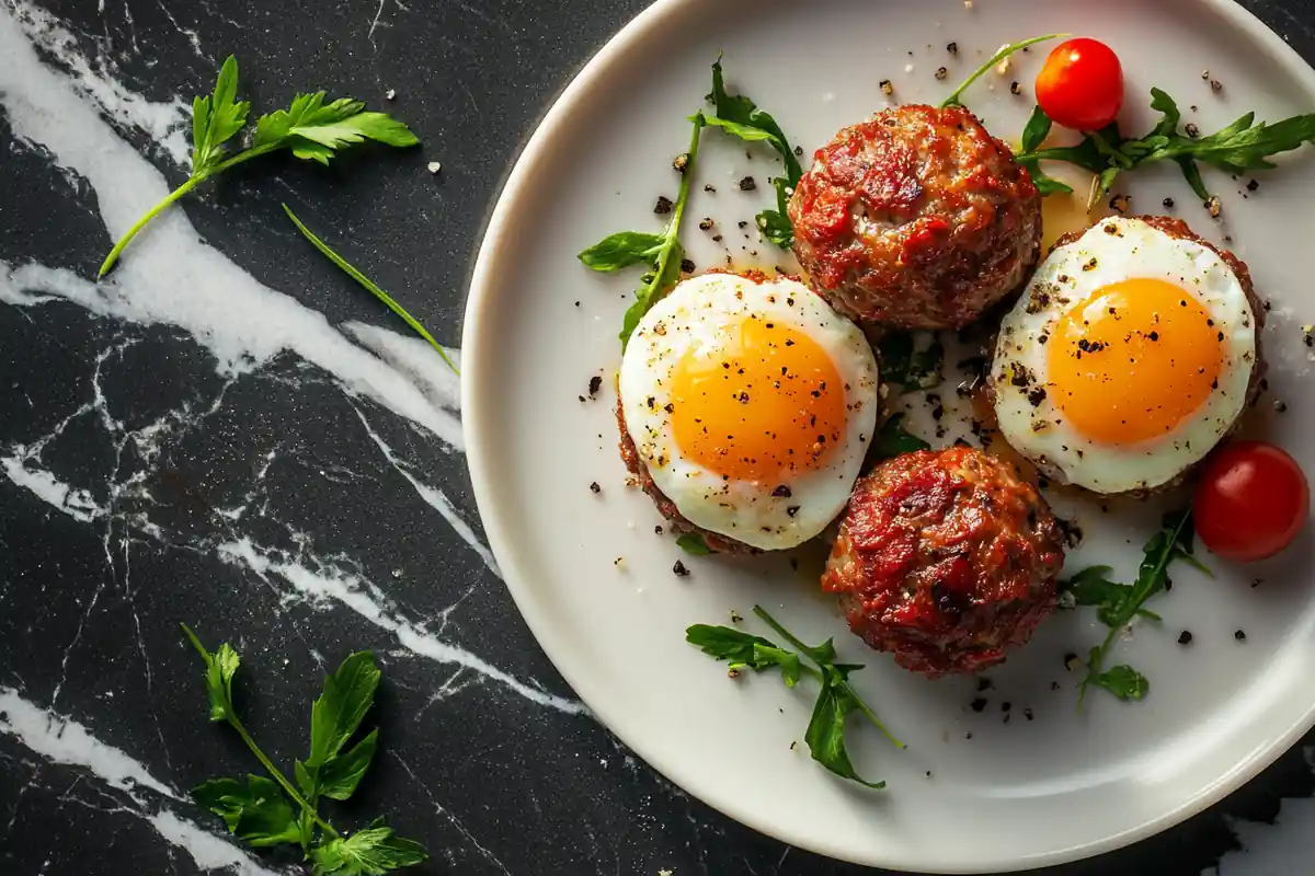 A top-down view of meatballs with eggs visible, showcasing the key ingredient.