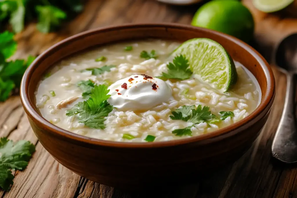 Mexican chicken and rice soup with garnishes