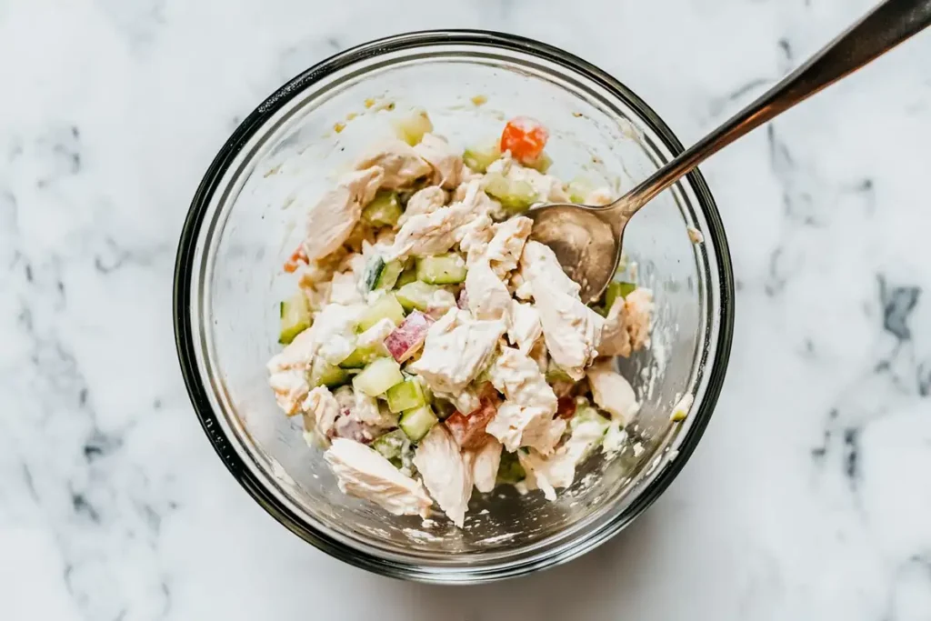 Chicken salad being mixed in a glass bowl.