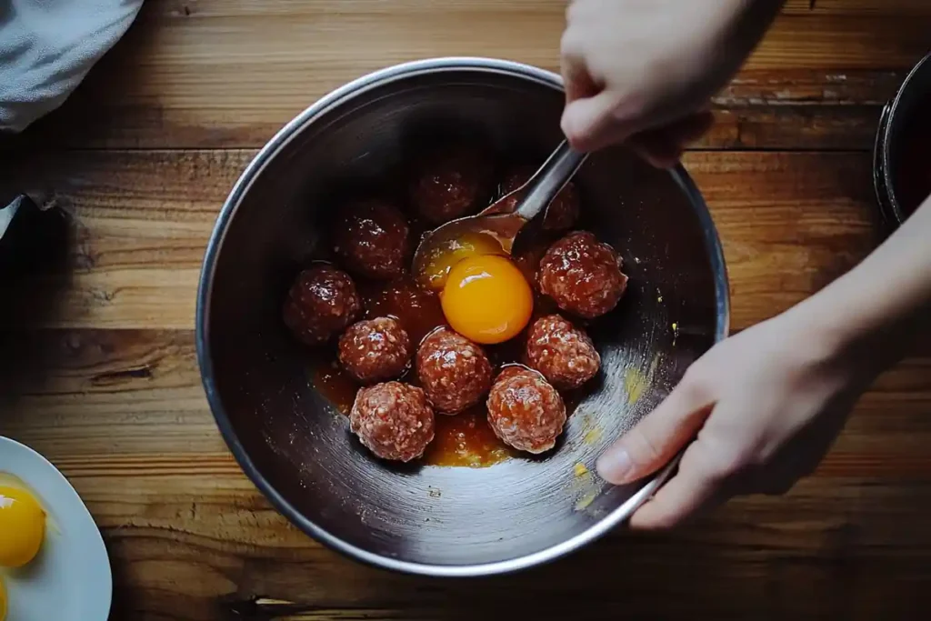 Hand mixing meatball ingredients with an egg in a metal bowl.