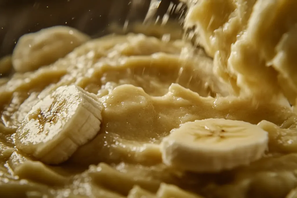 Close-up of mashed bananas being mixed with wet ingredients for Kylie Jenner's pancakes.