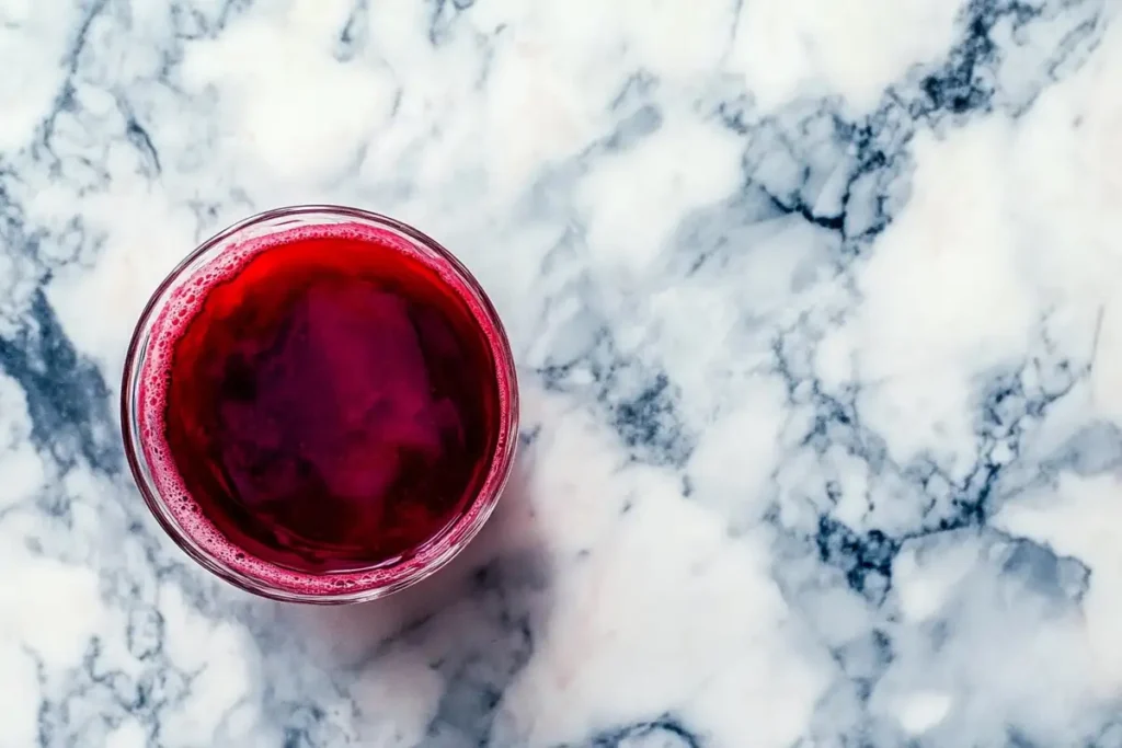 Natural red food coloring (beetroot juice) on a marble surface