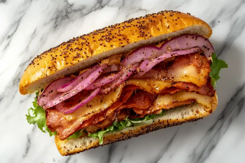 A close up of a new Panera sandwich with a unique sauce or seasoning on a marble surface.