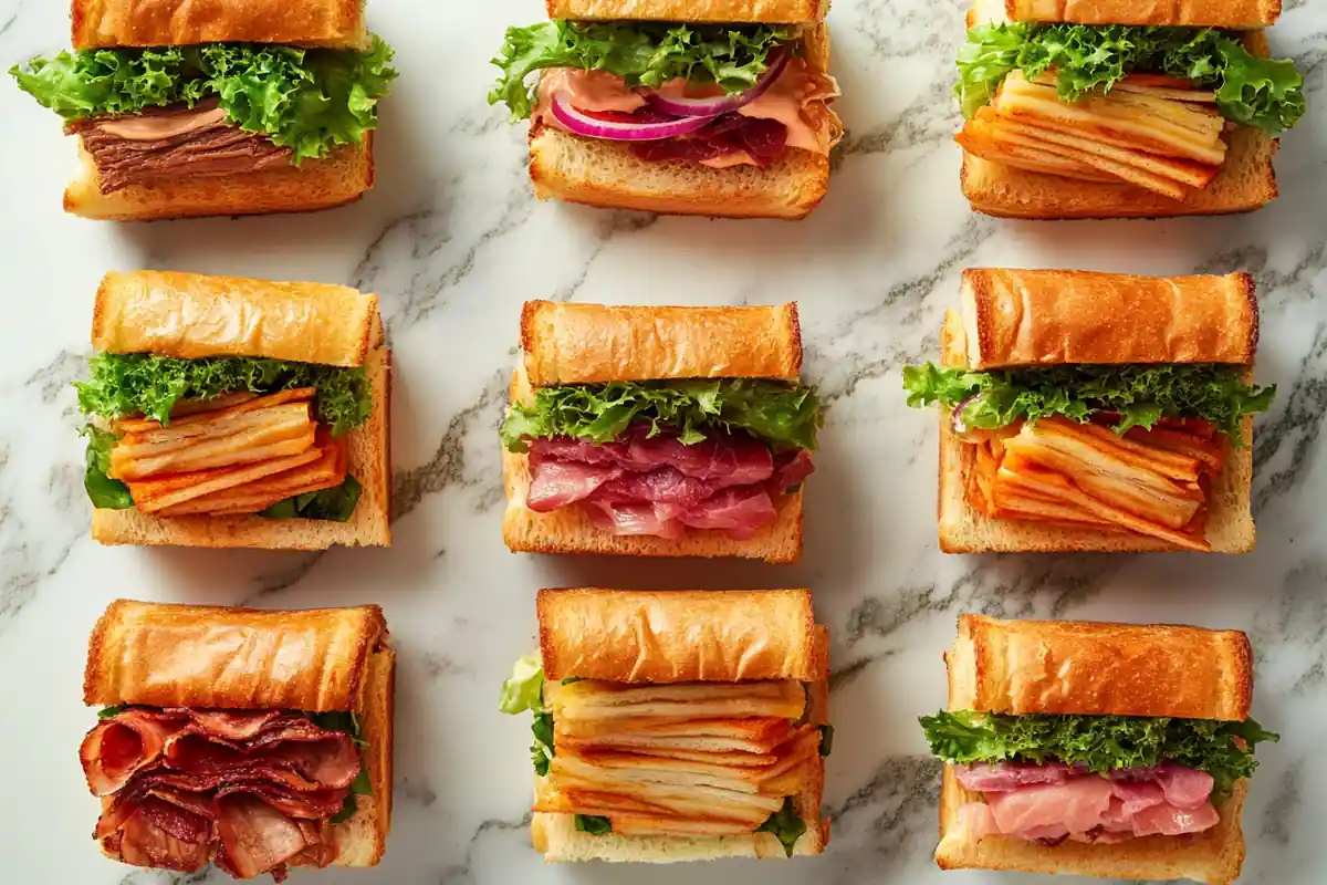 A delicious collection of new Panera sandwiches on a marble surface.