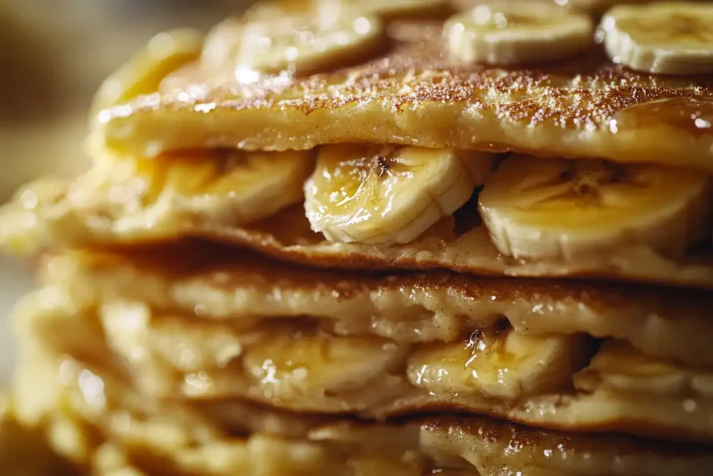 Close-up of a stack of banana pancakes, highlighting their texture and natural ingredients.