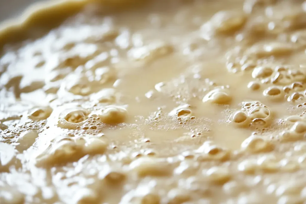 Close-up of pancake batter that is too wet, showing excess liquid and lumps.