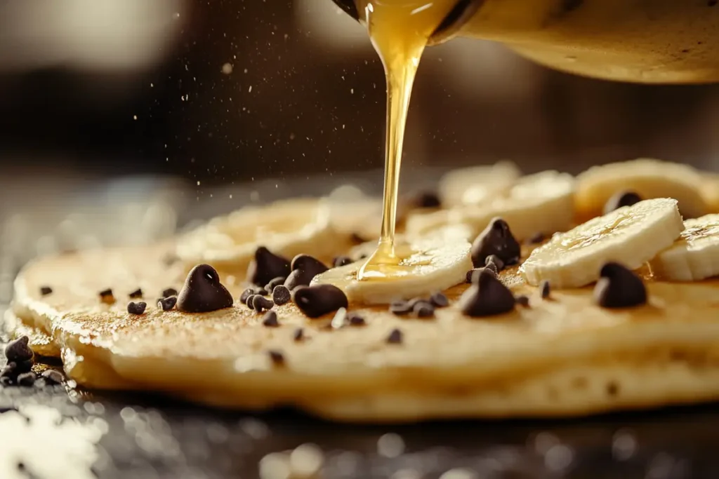 Close-up of banana pancake batter with chocolate chips being poured on a griddle.

