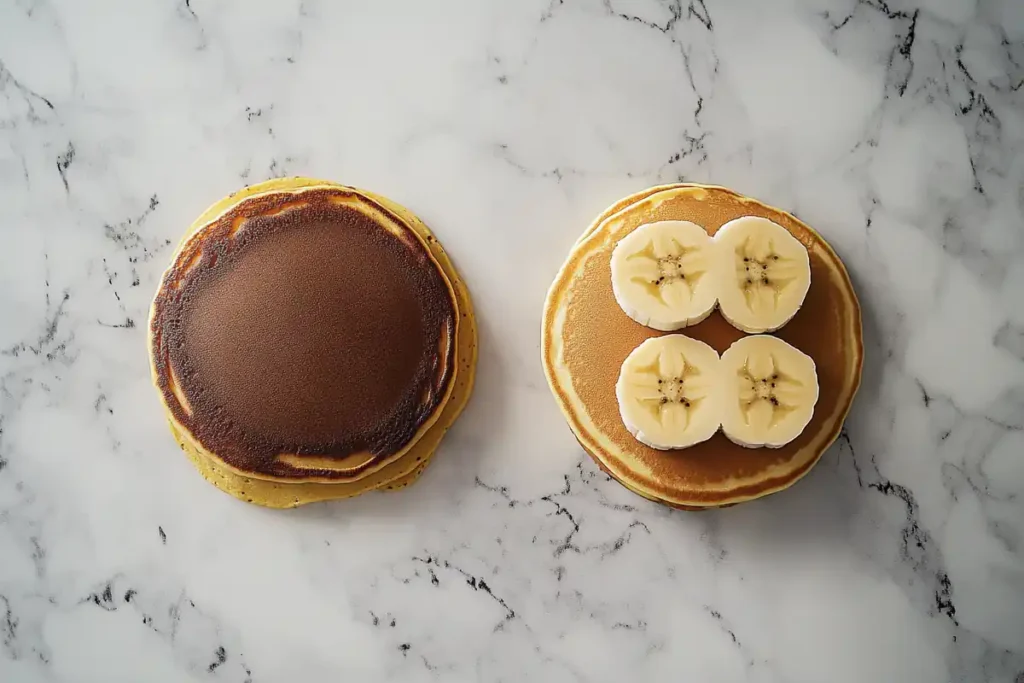 Top-down view of banana pancakes and regular pancakes side-by-side on a marble surface.