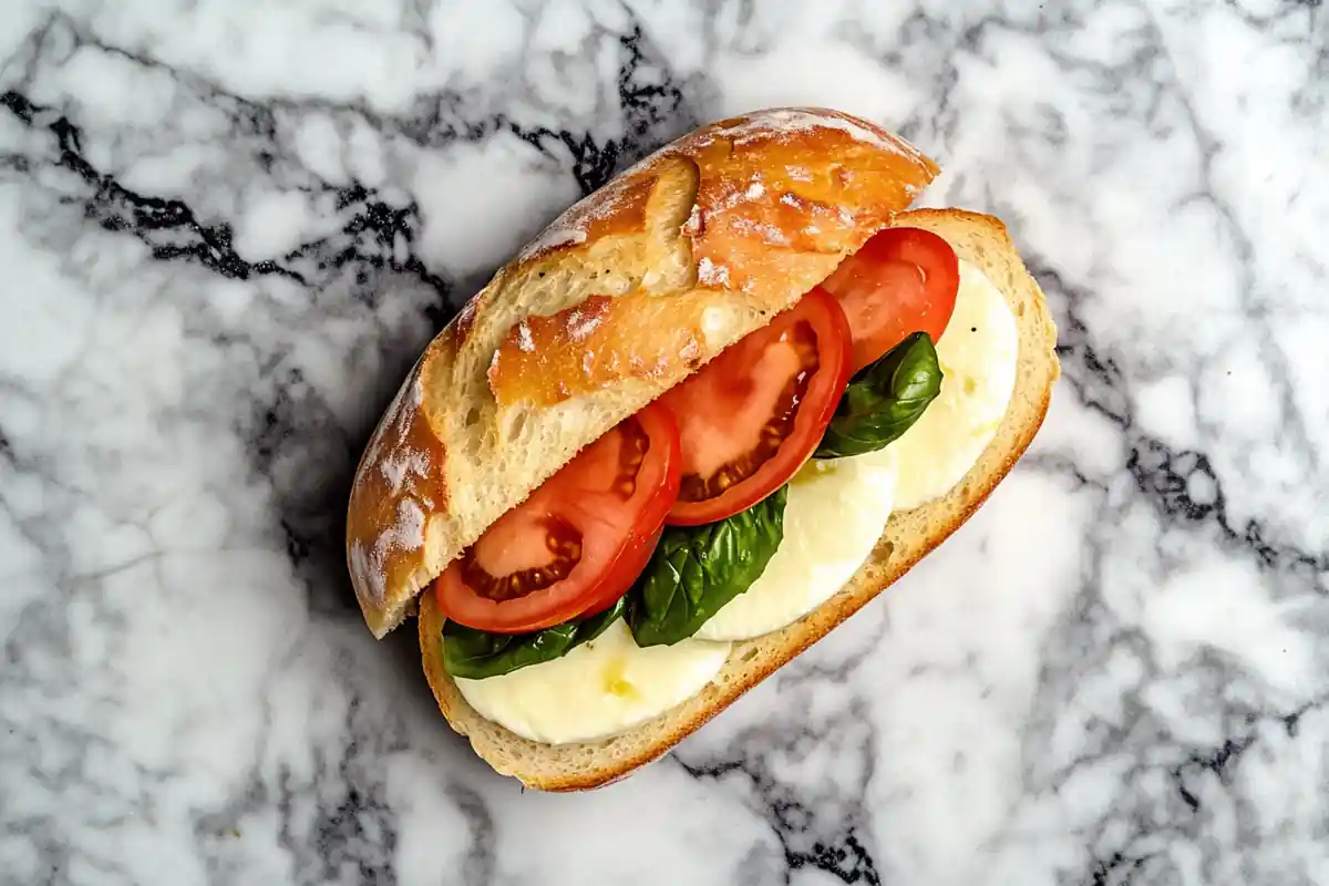 A delicious Panera caprese sandwich displayed on a marble surface.