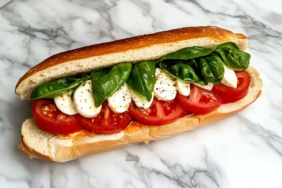 A delicious Panera Caprese Sandwich on a marble surface.