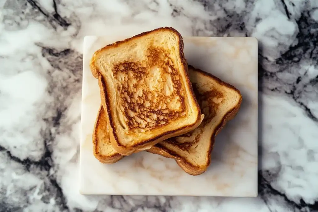 Delicious homemade french toast on a marble surface, focusing on texture and color.