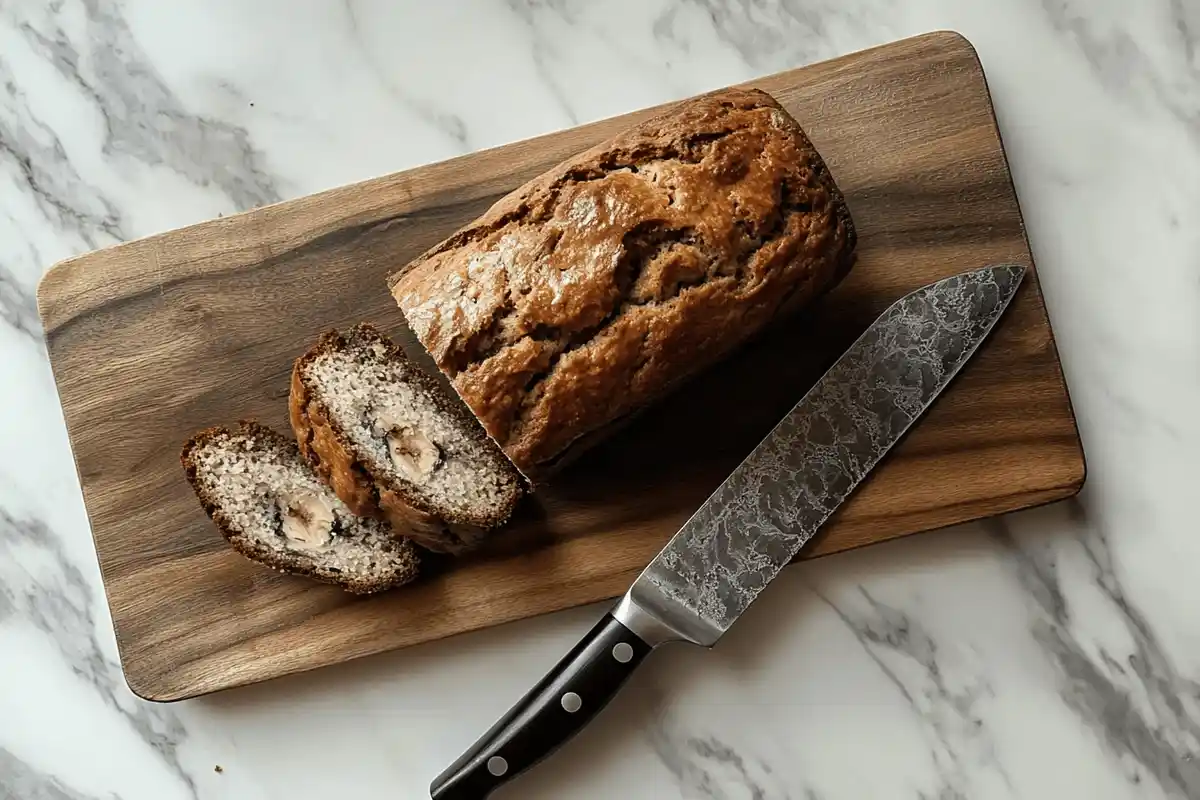 Top view of a sliced homemade banana bread, illustrating the texture and crumb.