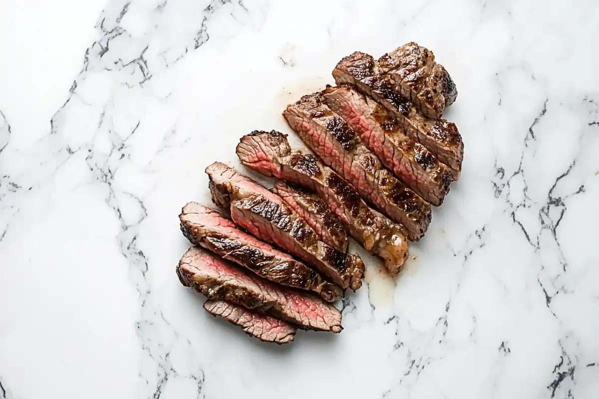 Top-down view of sliced Chipotle steak on a marble background.