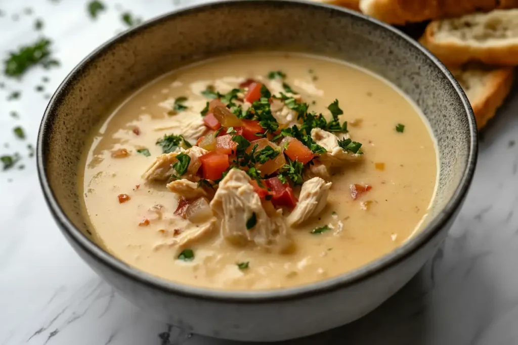 A close-up of plated chicken tortilla soup creamy with toppings, placed on a marble surface.