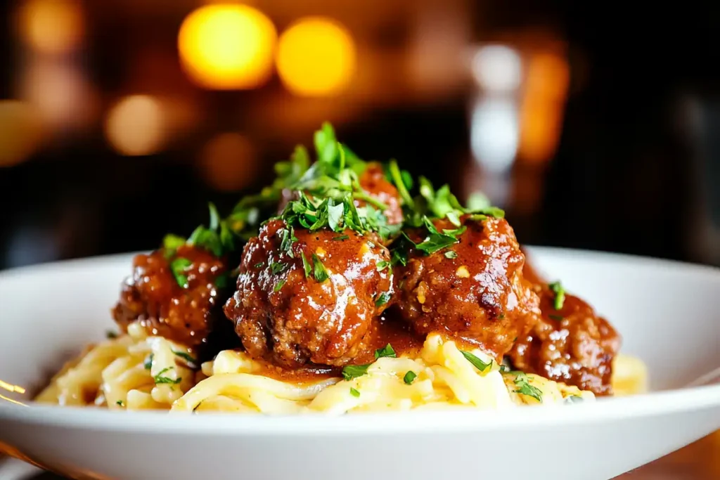 An enticing plate of Swedish meatballs with egg noodles, artfully garnished with fresh parsley.