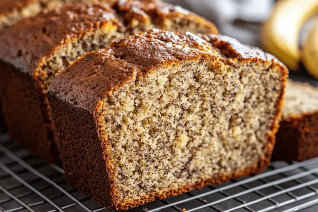 An image of a dense, flat banana bread resulting from using baking powder.