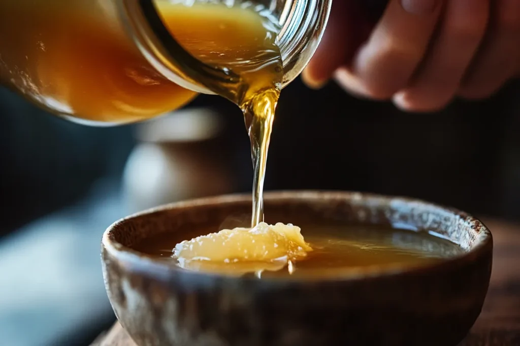 A hand pouring bone broth into a bowl, highlighting the liquid's texture.