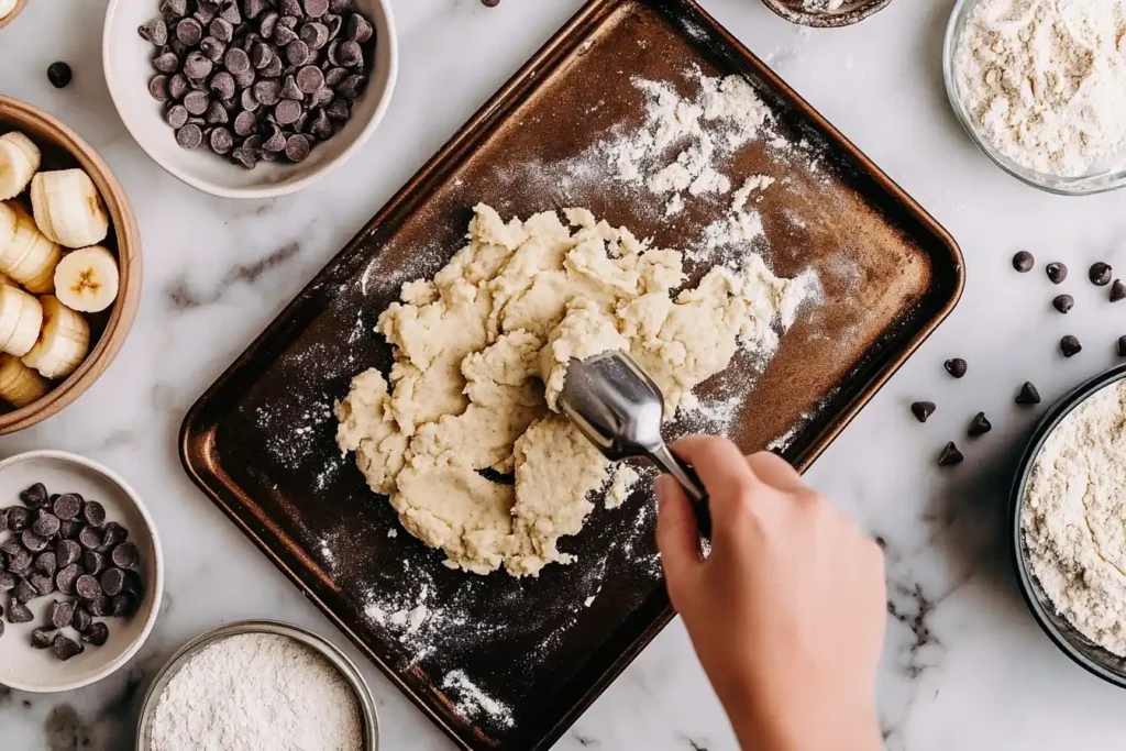 Hand scooping banana cookie dough onto baking sheet