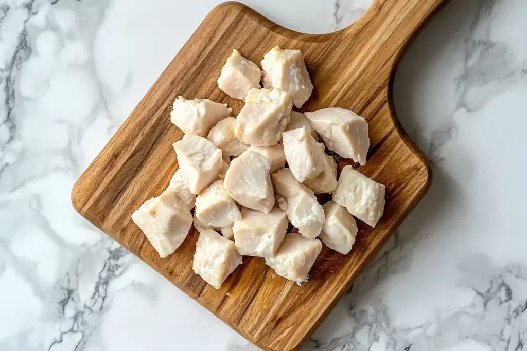 Perfectly cooked and diced chicken on a cutting board.