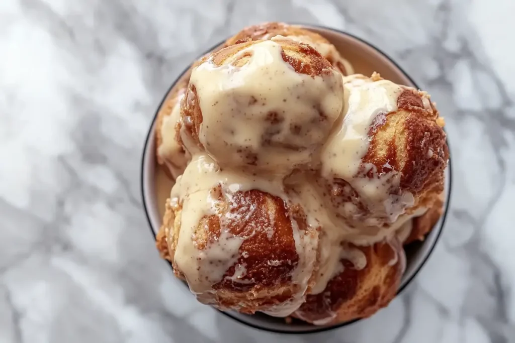  Slices of cinnamon rolls dipped in batter on a marble surface.