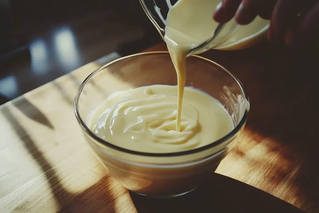 Pouring a custard-based vanilla pudding into a glass bowl.