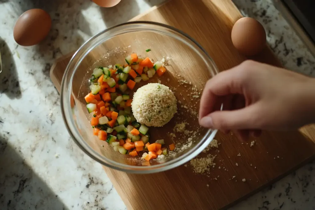 Hands making soup ball vegetables.