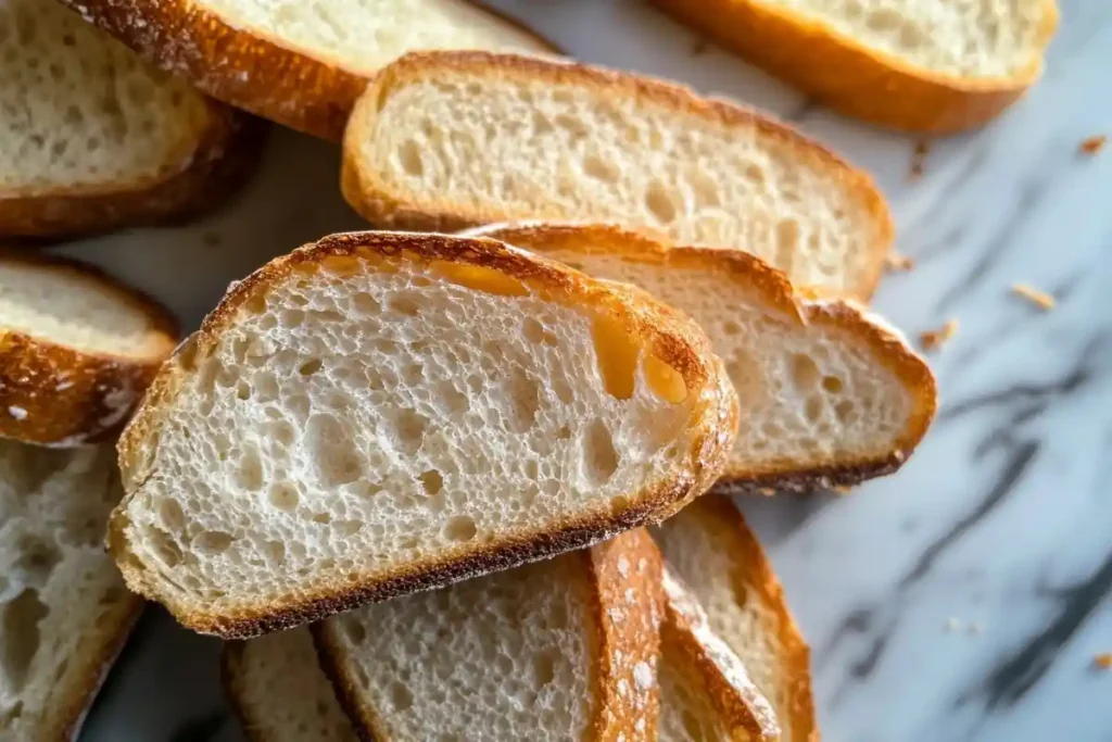 Sourdough bread slices dipped in french toast batter on a marble surface.