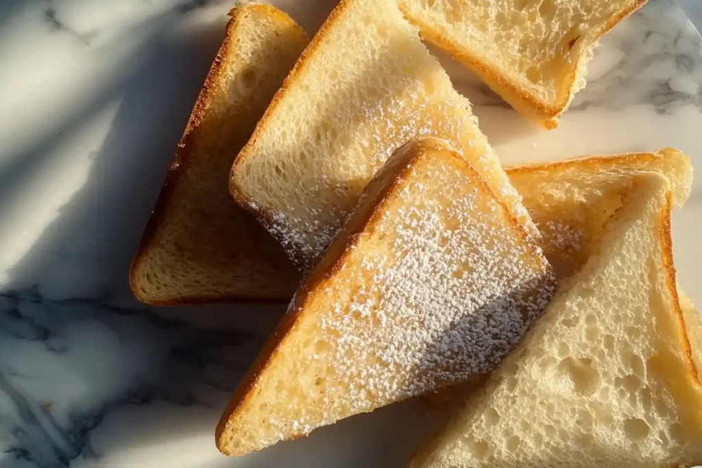 Sourdough bread slices dipped in french toast batter on a marble surface.