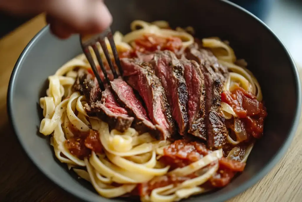 Sliced steak being added to pasta and sauce in a bowl.