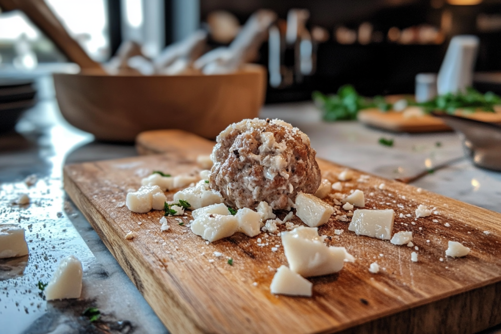 Close-up of Swedish meatballs being prepared, showing the texture and spices.