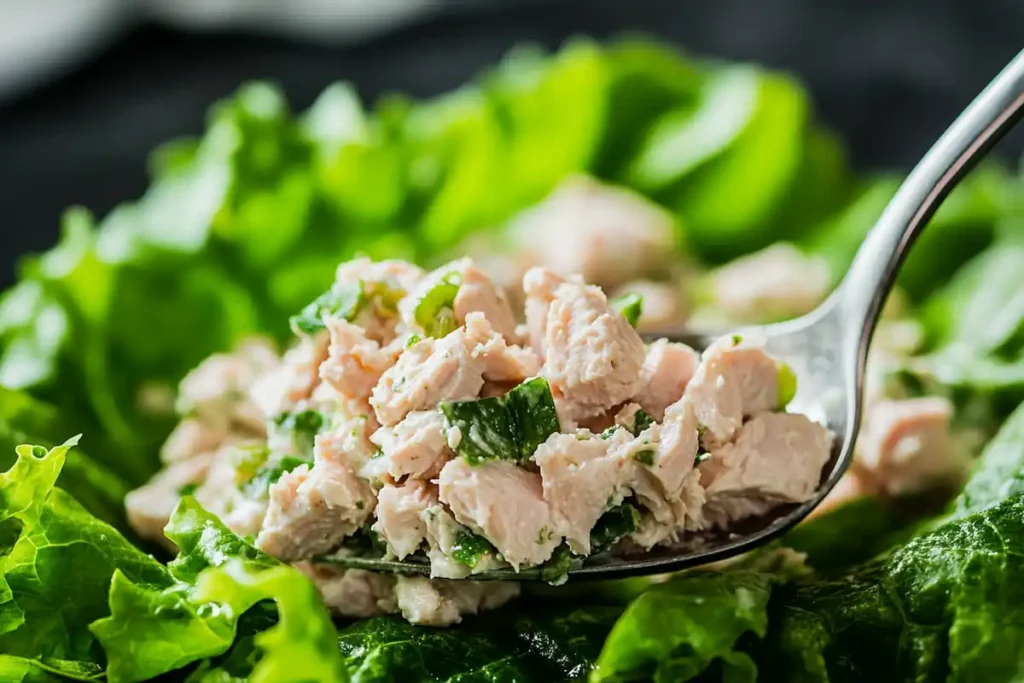 A close-up of tuna salad being carefully spooned onto a crisp lettuce leaf.