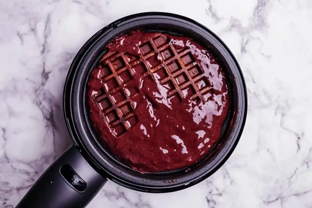 Red velvet waffle batter being poured onto a waffle iron.