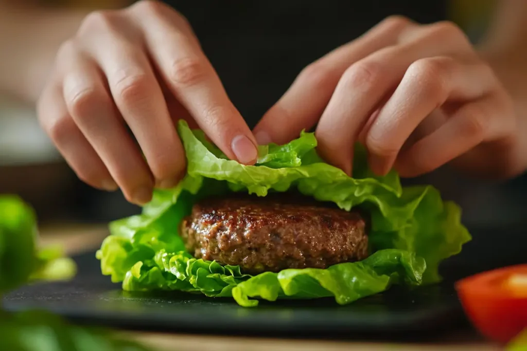 A close-up view of different types of burger patties for lettuce wraps.