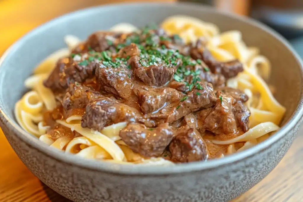 Close-up of finished beef and pasta dish in a bowl, ready to be eaten.