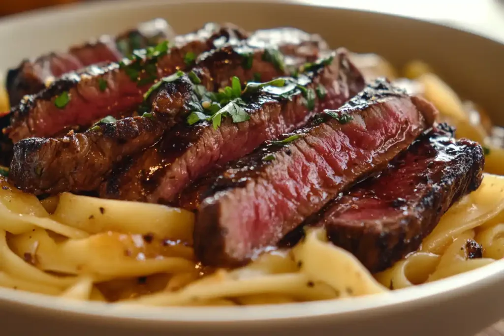 Close-up of finished steak pasta in a bowl.