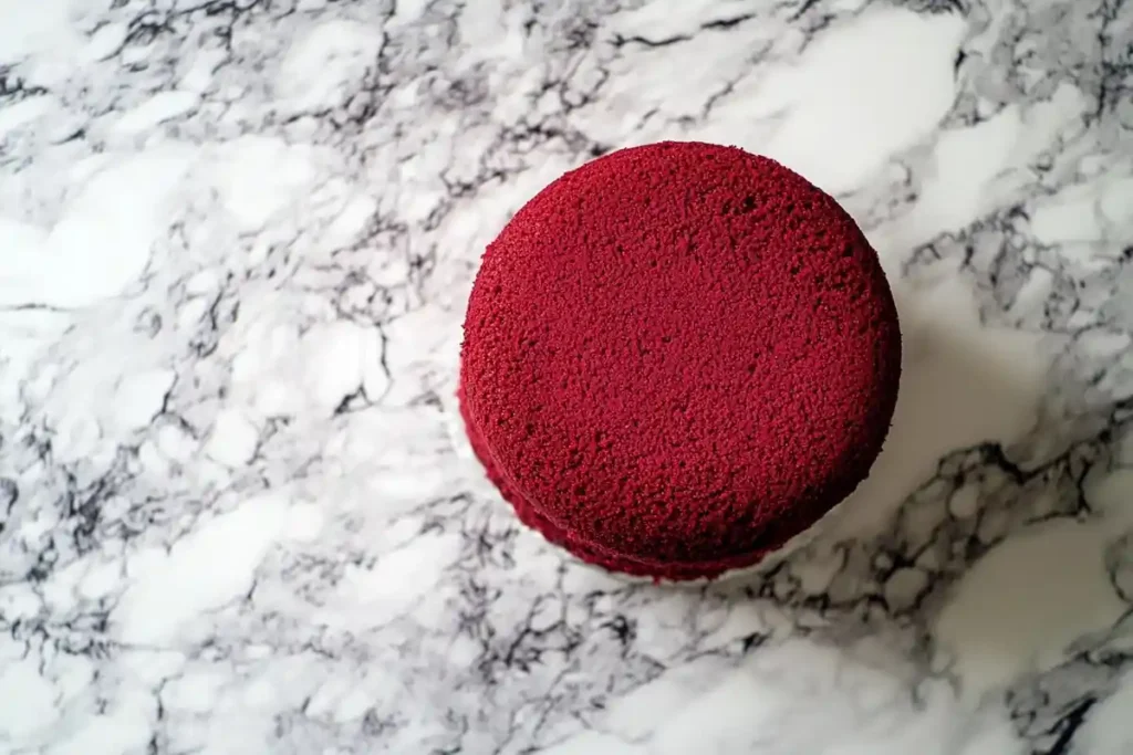 A delicious red velvet cake on a sleek marble surface.