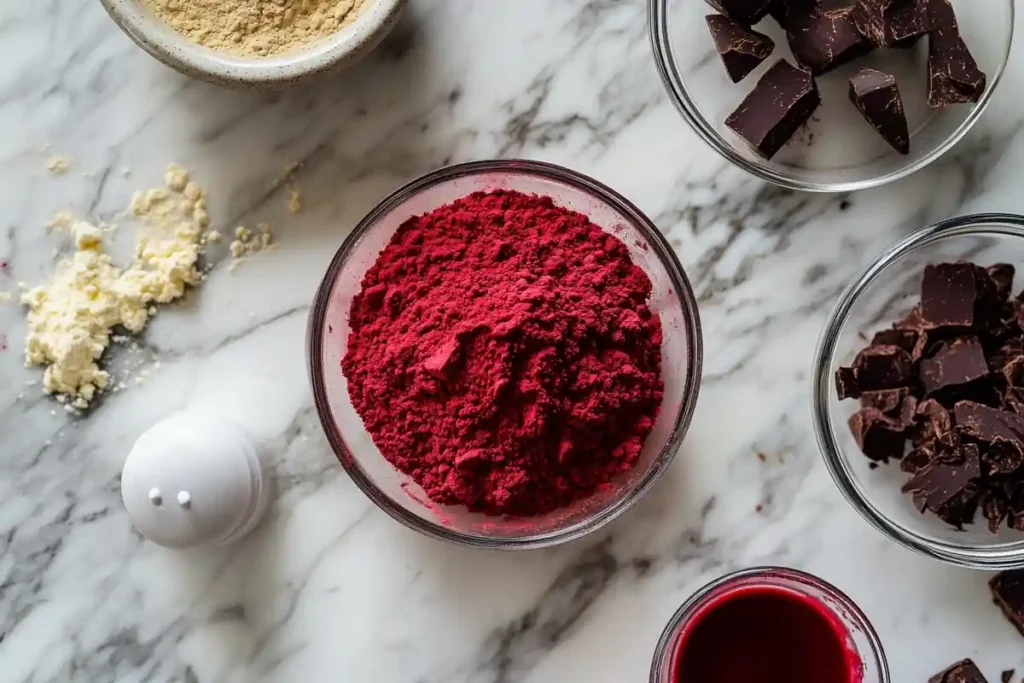 A close-up of red velvet ingredients (cocoa powder, buttermilk, red food coloring) on a marble surface.