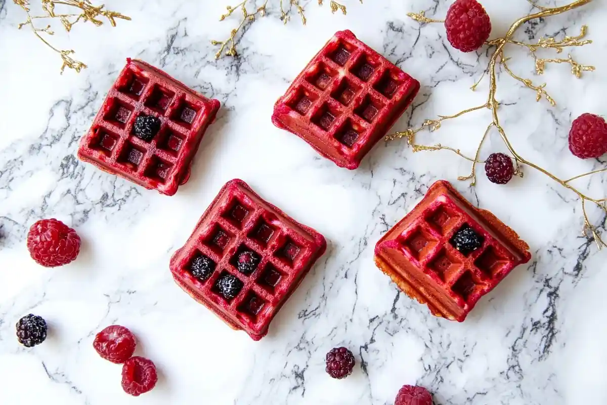 Delicious homemade red velvet waffles on a marble surface.