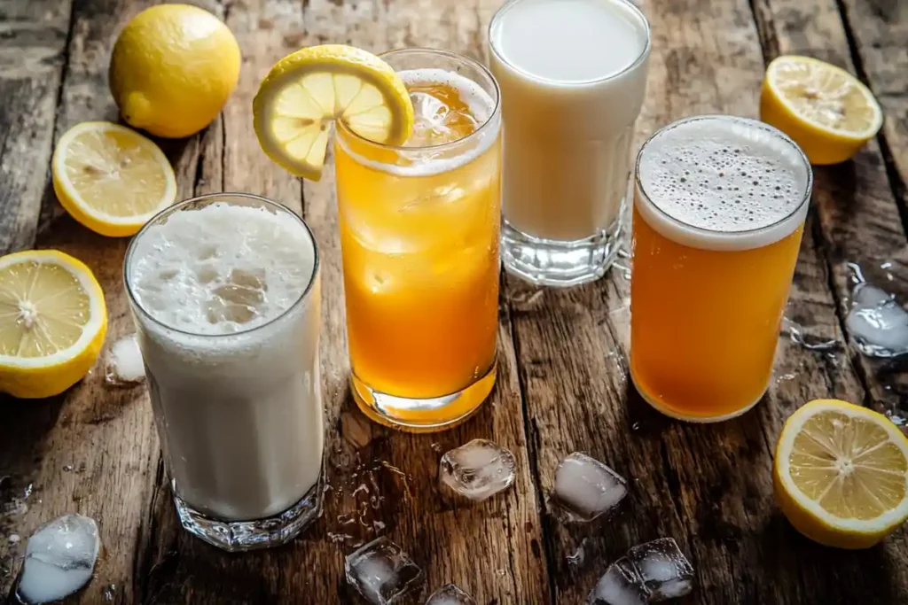 A refreshing flat lay of various drinks that pair well with buffalo chicken, featuring iced tea, lemonade, light beer, and milk.